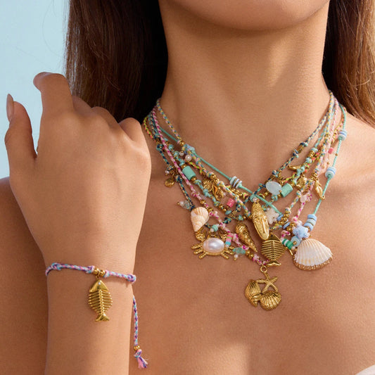 Beach Style, Collana in Corda Estate 2025 con Pendenti Ocean in Acciaio, Tendenza Moda